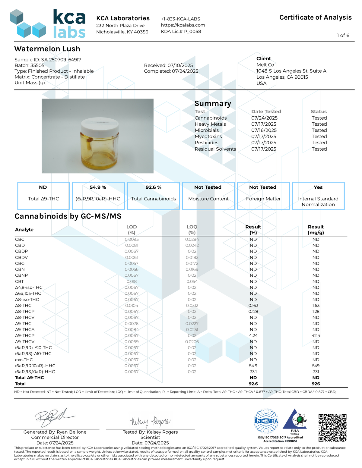 Lab report - Watermelon Lush AMF Blend potency analysis certificate (COA)