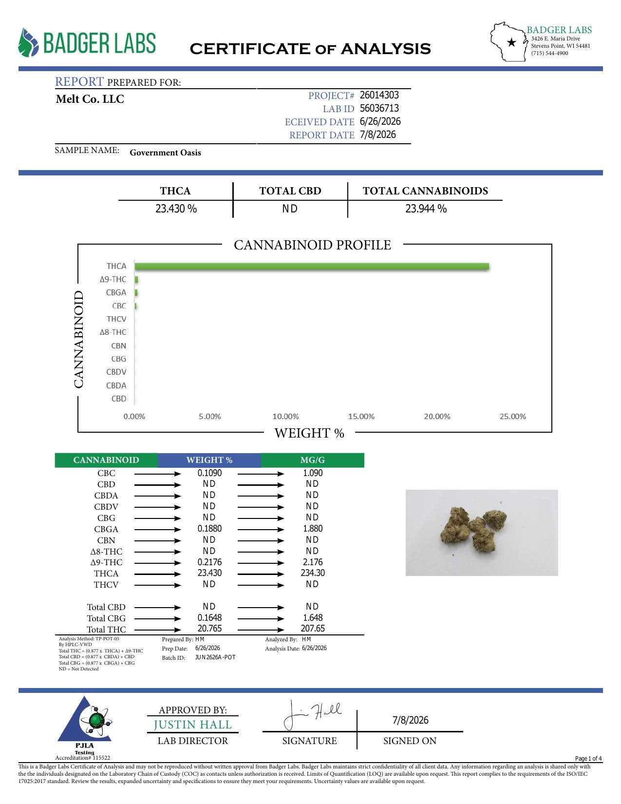 Lab report - Government Oasis THCA potency analysis